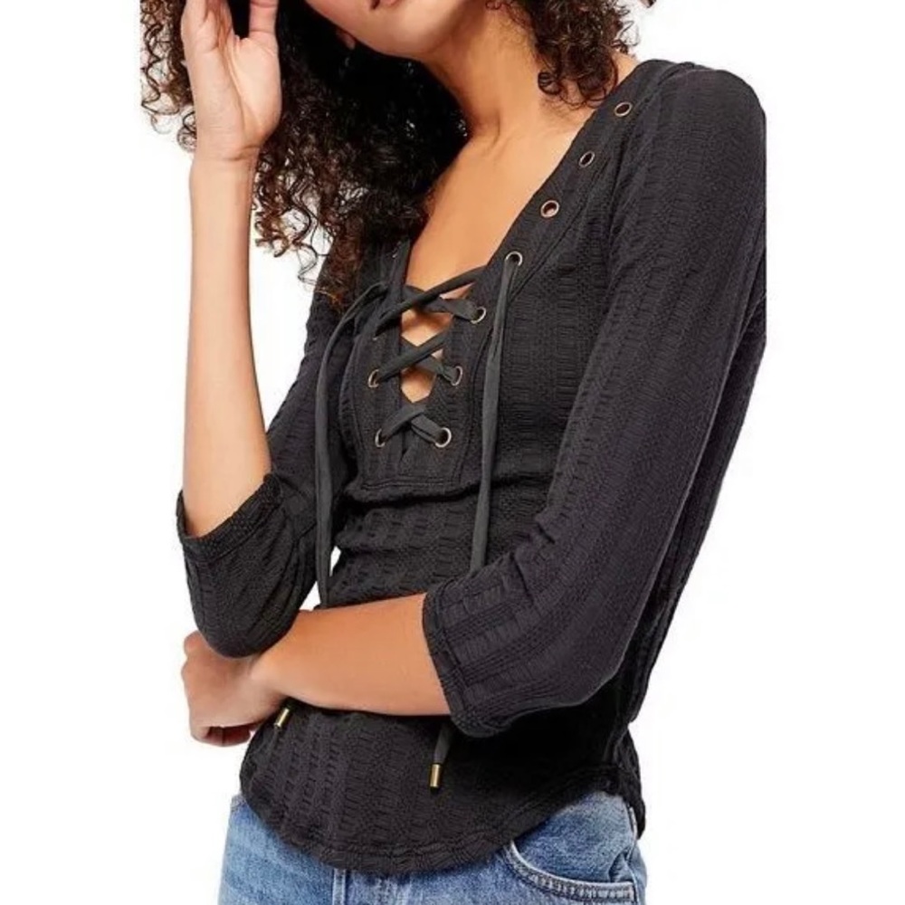 Free People Lace Up Top-Washed Black S